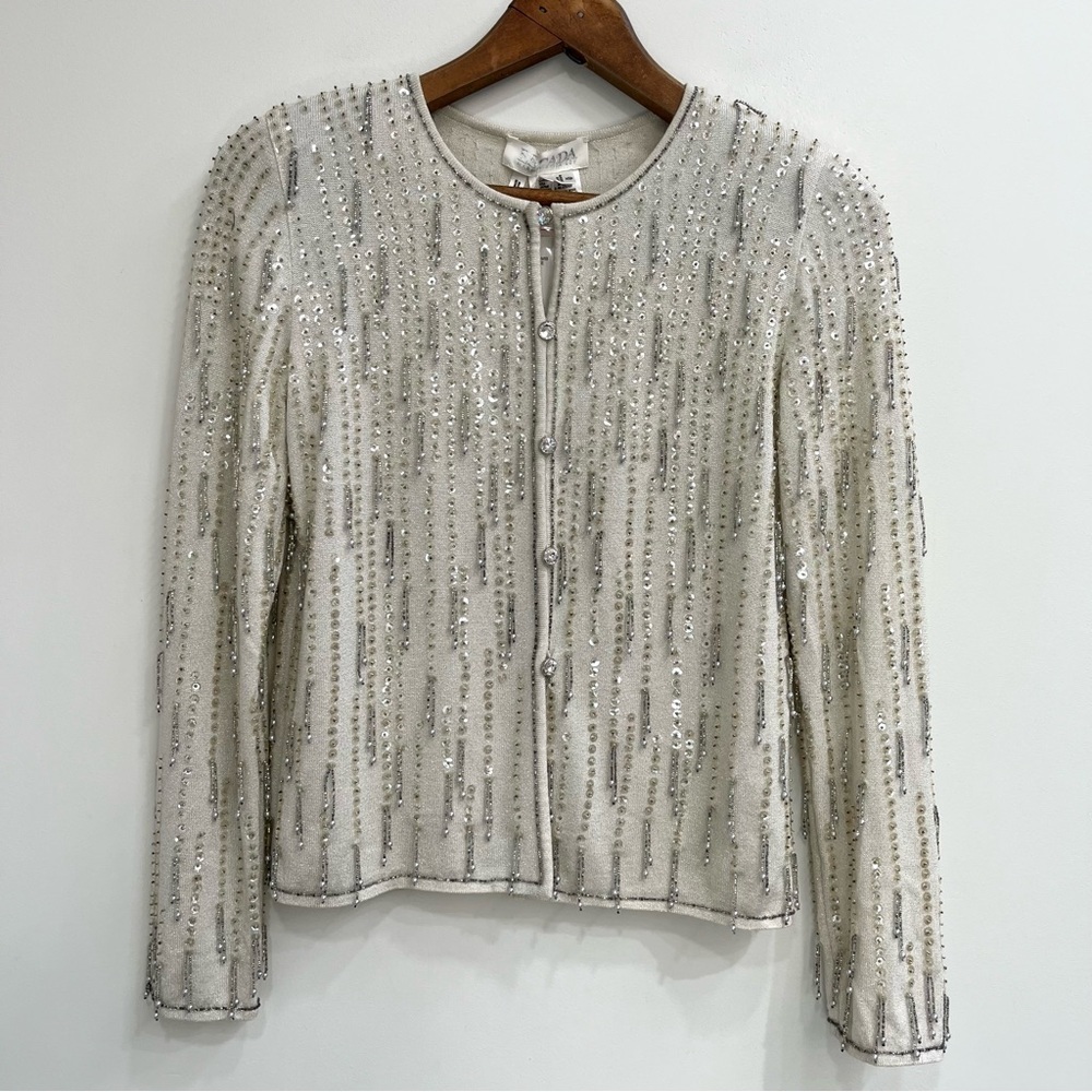 ESCADA Vintage Ivory Dangling Beaded Cardigan & Shell Sweater Set Wool 34 Small